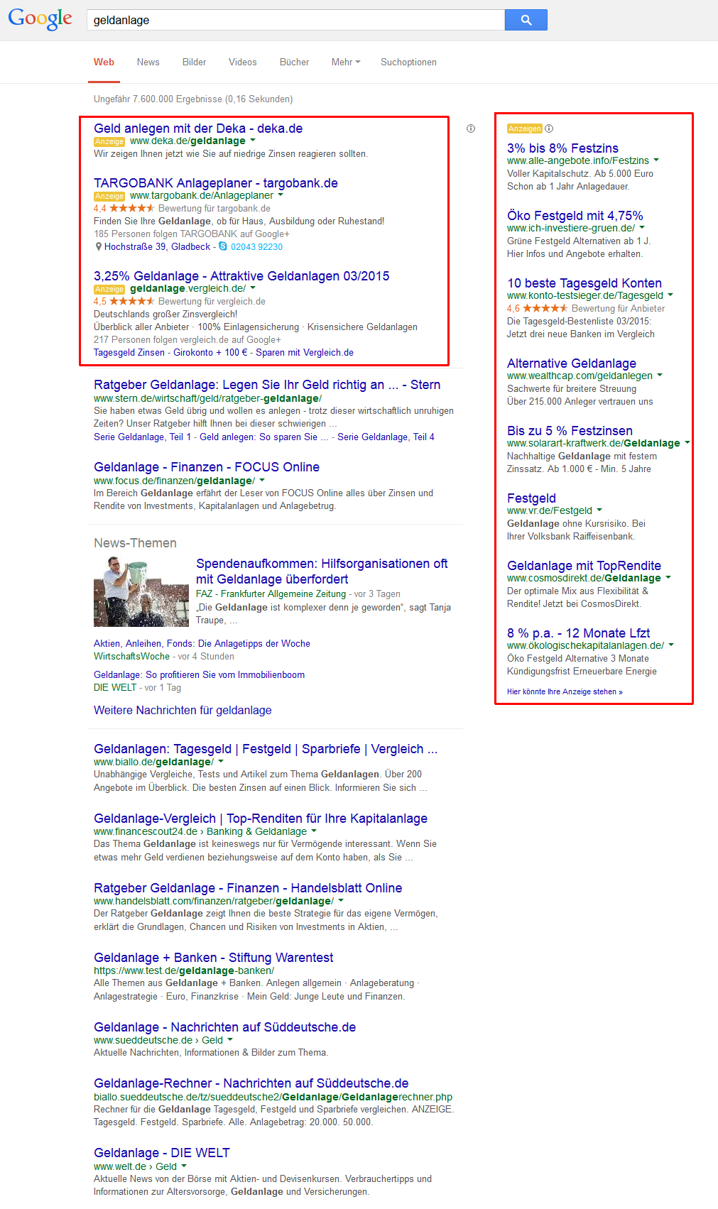 Screenshot: Google Suche "Geldanlage"